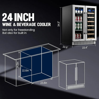 24 In. Dual Zone Beverage Refrigerator 30 Bottles 82 Cans Wine Fridge Built-In Or Freestanding