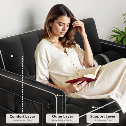 Pipishell 3-in-1 Convertible Sleeper Sofa Bed, Pull Out Couch For Living Room With USB Ports And Side Pockets, Adjustable Backrest, Velvet