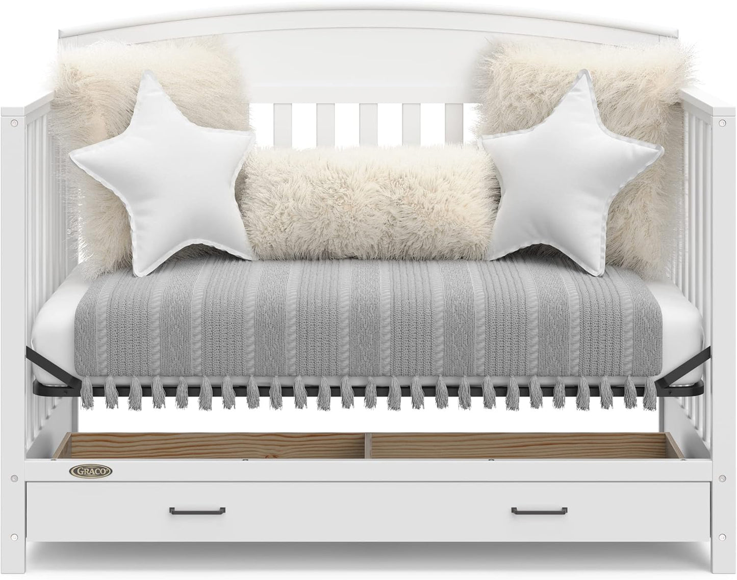 5-in-1 Convertible Baby Bed, With Drawers, White- Green Guardian Gold Certification, Built-In Baby Bed Storage Drawer, Convertible To Toddler Bed