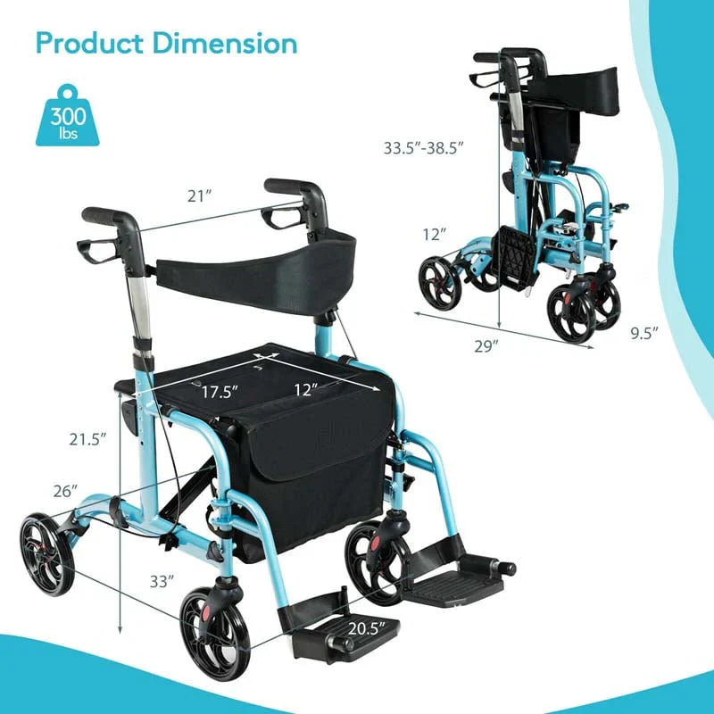 2-in-1 Rollator Walker Wheelchair Folding Medical Walker Aluminum Transport Chair Mobility Walking Aid- Comfortable And Ergonomic Design