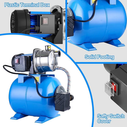 1.6HP Shallow Well Pump With Pressure Tank 1268 Gph Stainless Steel Jet Pump Transfer Drainage Booster Pump Garden Sprinkler System Water Pump
