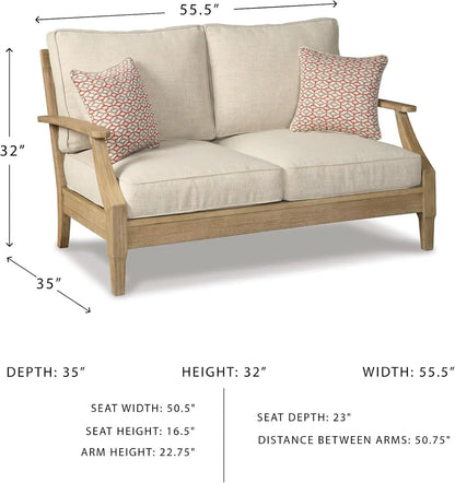 Signature Design By Ashley Clare View Coastal Outdoor Patio Eucalyptus Sofa With Cushions, Beige