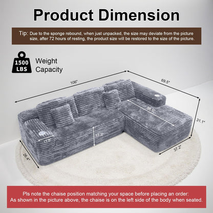 Cloud Sectional Couch With L-Shape Chaise Modern Modular Sofa Deep Seat Built-In Cup Holder