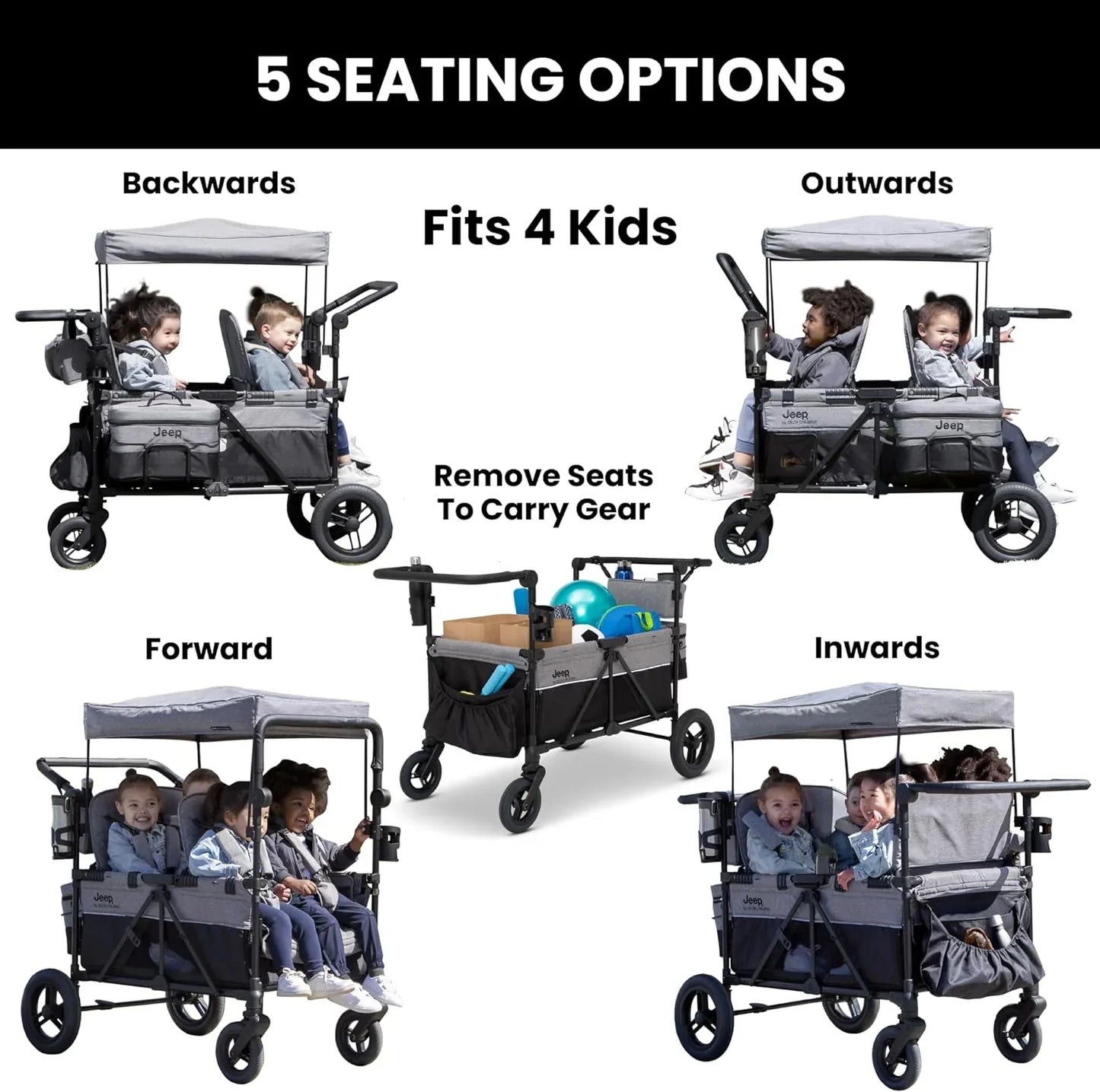 Jeep Wrangler Deluxe 4 Seater Stroller Wagon By Delta Children- Premium Quad Stroller Wagon For 4 Kids