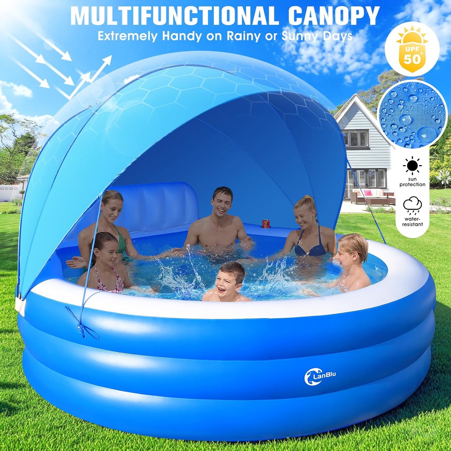 Upgraded Inflatable Pool With Canopy, Inflatable Family Lounge Pool, Round Blow Up Pool For Adult With Bench And Backrest