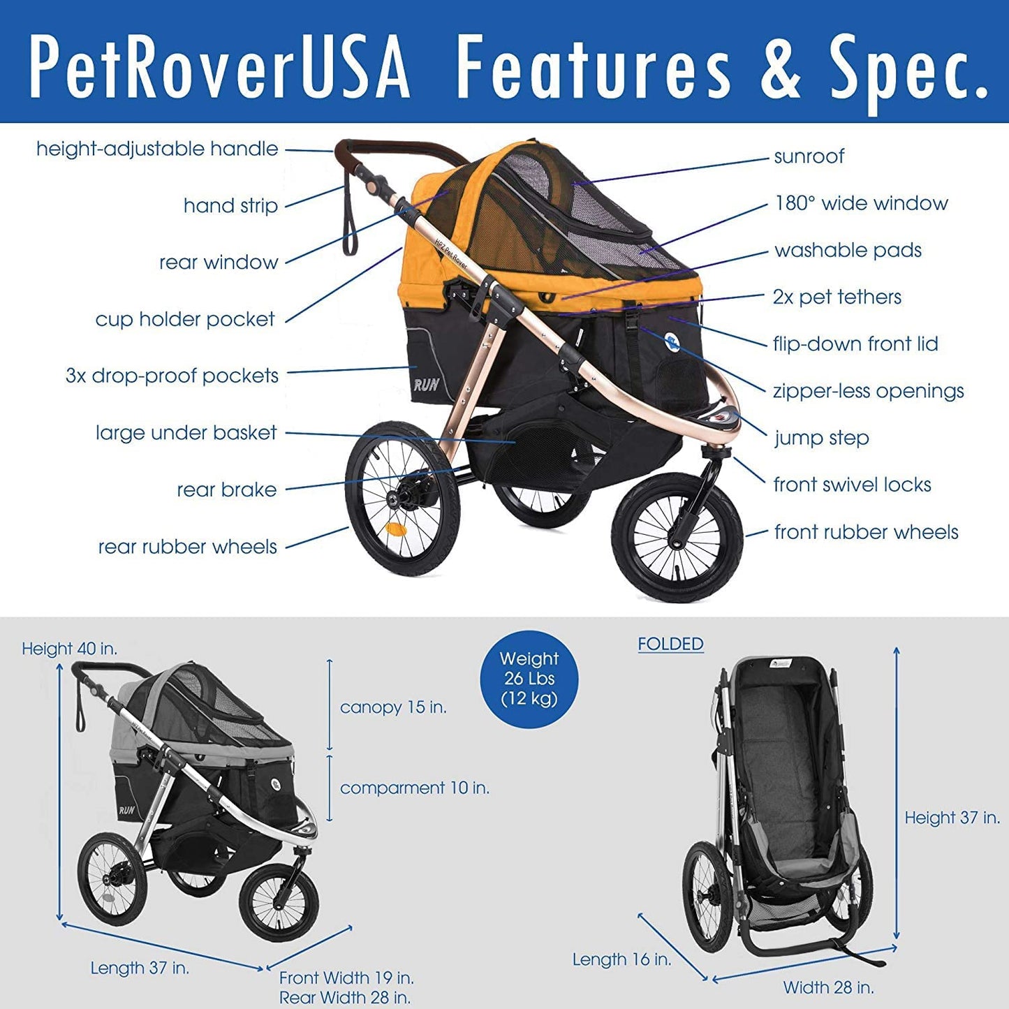 Jogging Sports Stroller With Comfort Rubber Wheels/Zipper-Less Entry/1-Hand Quick Fold/Aluminum Frame For Small/Medium Dogs Cats And Pets, Green Camo