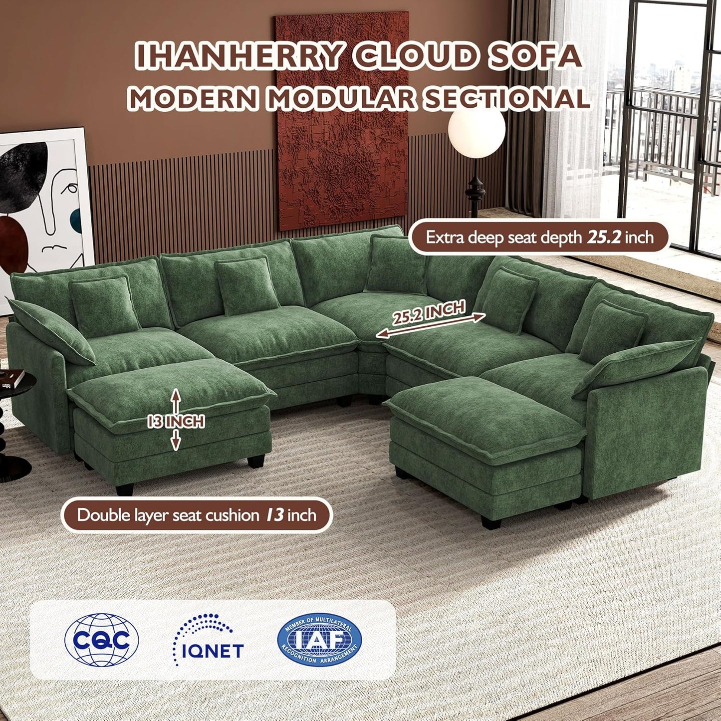 Ihanherry 146 In. U-Shaped Modern Sofa Modular Sectional Cloud Couch With 2 Ottoman
