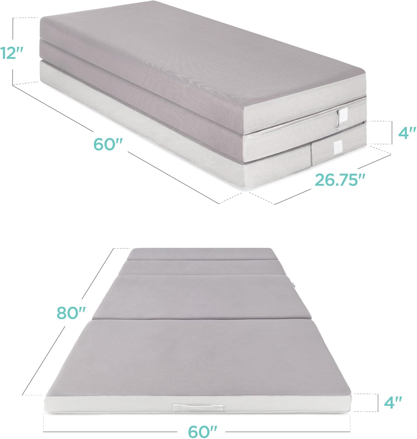 Best Choice Products 4 In. Portable Queen-Size Mattress, Tri-Fold Mattress For Camping, Guest, Toddler, Foam Plush w/Carry Case- Grey