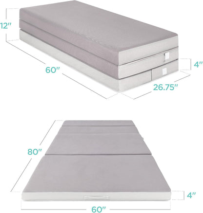 Best Choice Products 4 In. Portable Queen-Size Mattress, Tri-Fold Mattress For Camping, Guest, Toddler, Foam Plush w/Carry Case- Grey