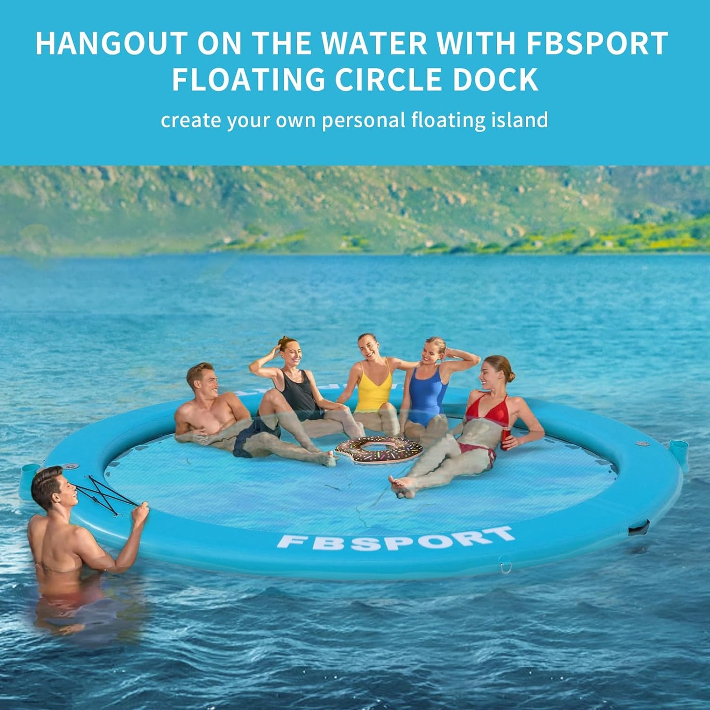 Inflatable Dock Floating Platform 8 Ft. Inflatable Water Hammock Floating Deck For Lake With Cupholder Round Floating Ring Float Ring Pool Float