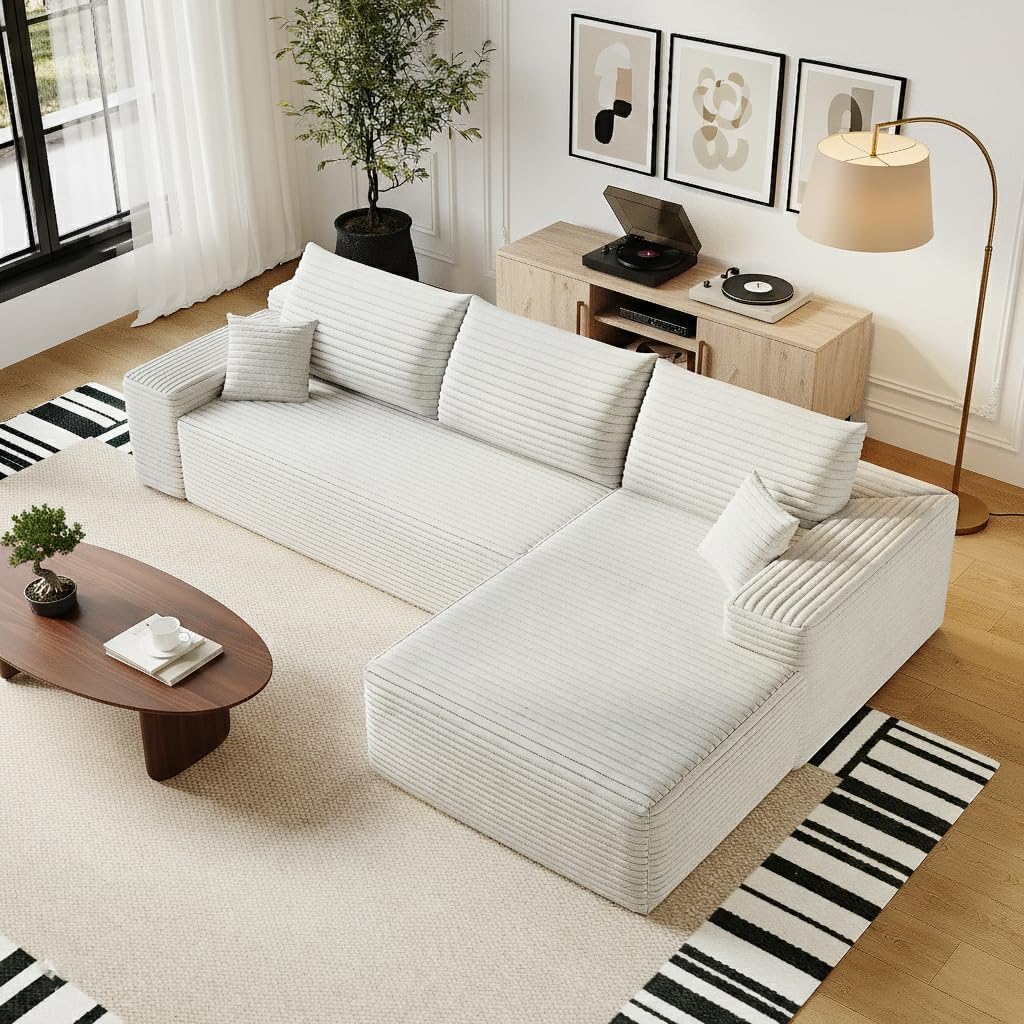 135 In. Oversized Compressed Sectional Sofa- 33D High-Density Foam Cloud Couch With Deep Seat- Minimalist 3-Piece Corduroy Upholstered Boneless