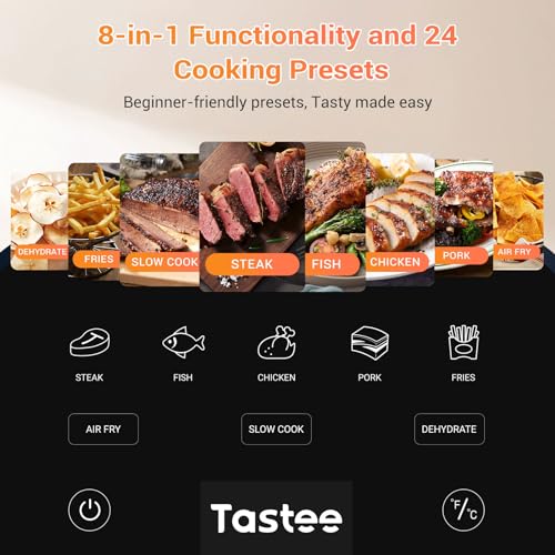 Tastee Ceramic Air Fryer, 8-in-1 Compact 5.5QT AirFryers, 450 F Digital Air Fryer Dehydrator With Smart Probe, 24 Presets One Touch Cooking