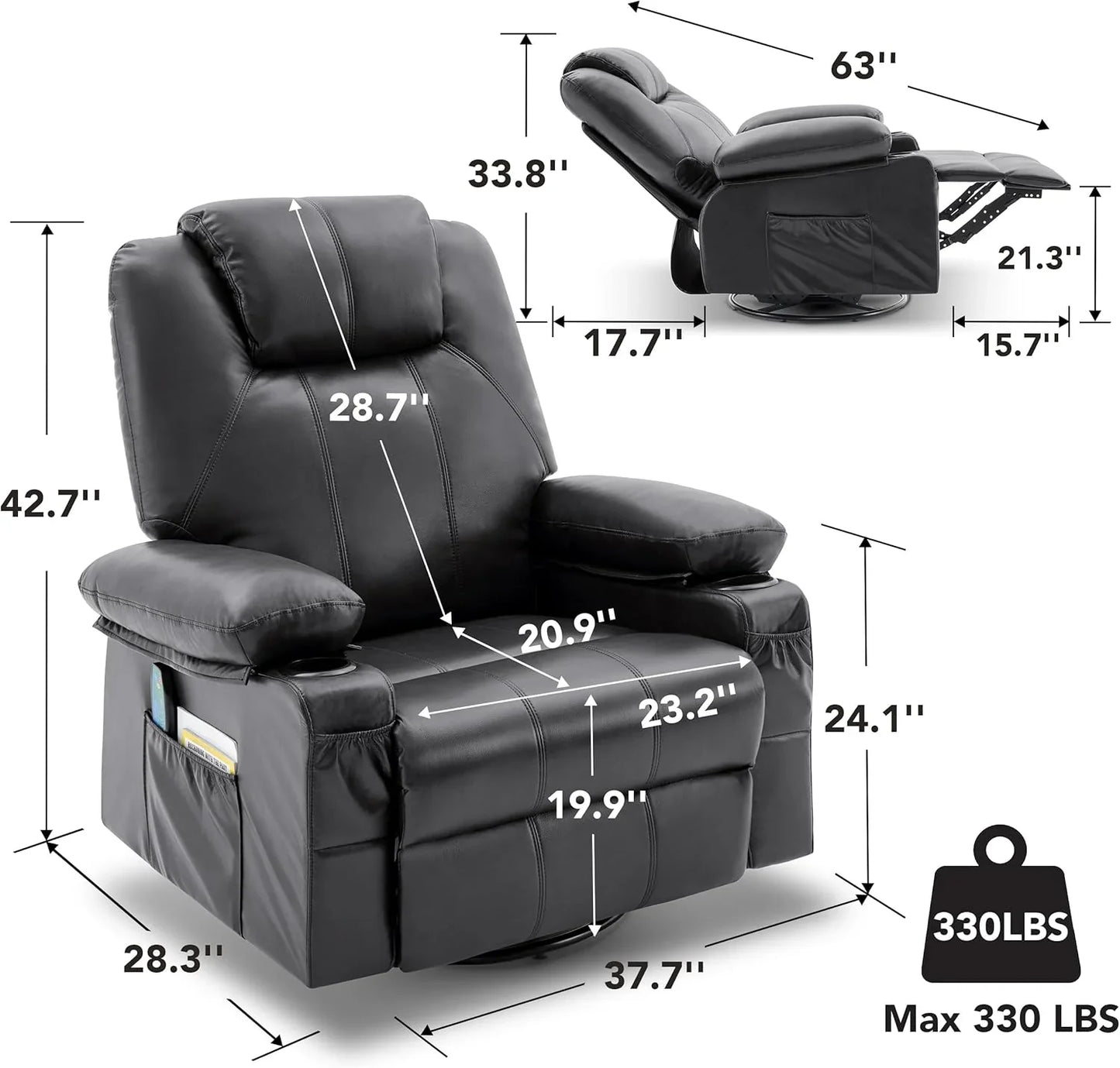 Oversized Swivel Rocker Recliner Chair With Heat And Massage, 360 Degree Swivel Rocking Single Sofa With Cup Holders And USB Port