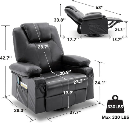 Oversized Swivel Rocker Recliner Chair With Heat And Massage, 360 Degree Swivel Rocking Single Sofa With Cup Holders And USB Port