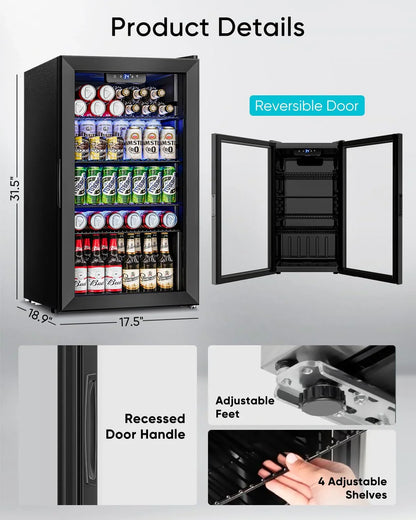 Beverage Refrigerator Cooler- 126 Can Mini Fridge Glass Door For Drinks Soda Beer Wine- Small Refrigerator For Office Bedroom Home Bar