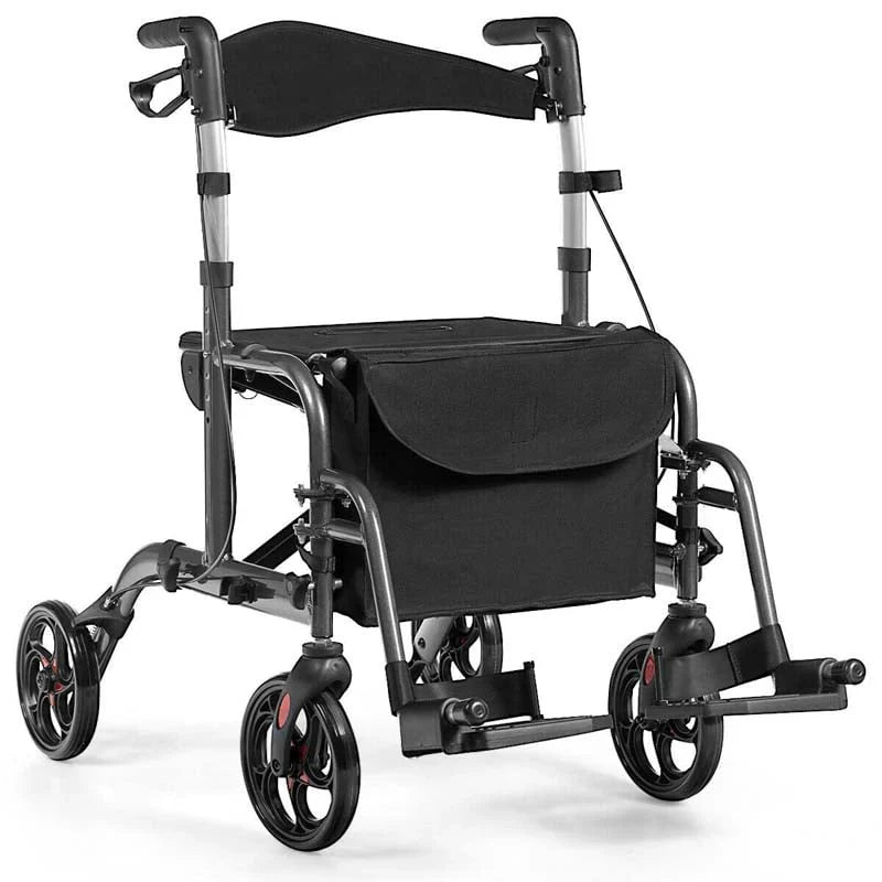 2-in-1 Rollator Walker Wheelchair Folding Medical Walker Aluminum Transport Chair Mobility Walking Aid- Comfortable And Ergonomic Design
