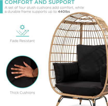 Best Choice Products Wicker Egg Chair Oversized Indoor Outdoor Lounger For Patio Backyard Living Room W/4 Cushions Steel Frame 440lb Capacity- Ivory
