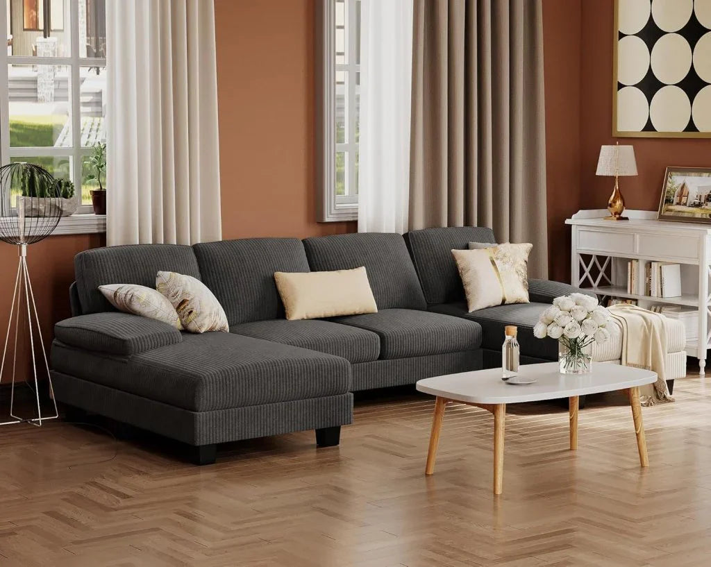 Furmax Sectional Couches For Living Room, U-Shaped Sofa Couch With Linen Fabric, 4 Seat Sofa Set With Double Chaise For Apartment, Fabric, Grey