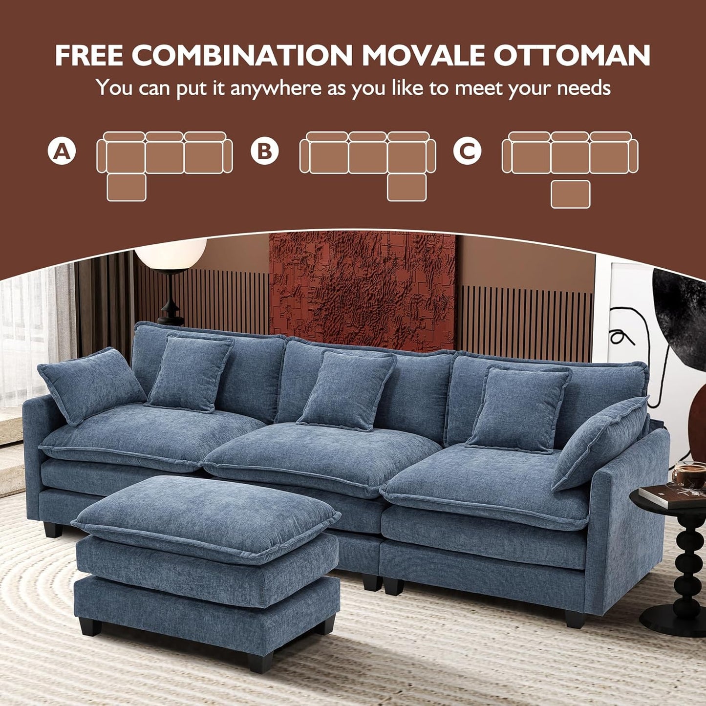 111.4 In. L-Shaped Modern Sofa Modular Cloud Sofa Ottoman 4-Seater Chenille Deep Seat Sofa