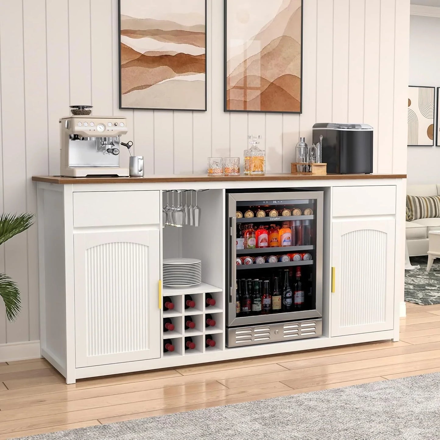Gdlf Large Coffee Bar Cabinet With Fridge Space, Mini Fridge Cabinet With Wine Storage