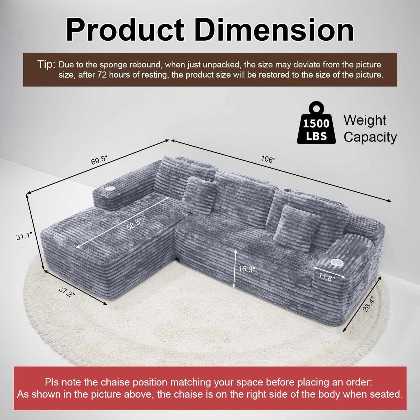 Cloud Sectional Couch With L-Shape Chaise, Modern Modular Sofa With Deep Seat, Built-In Cup Holder And Storage Pocket For Living Room Bedroom