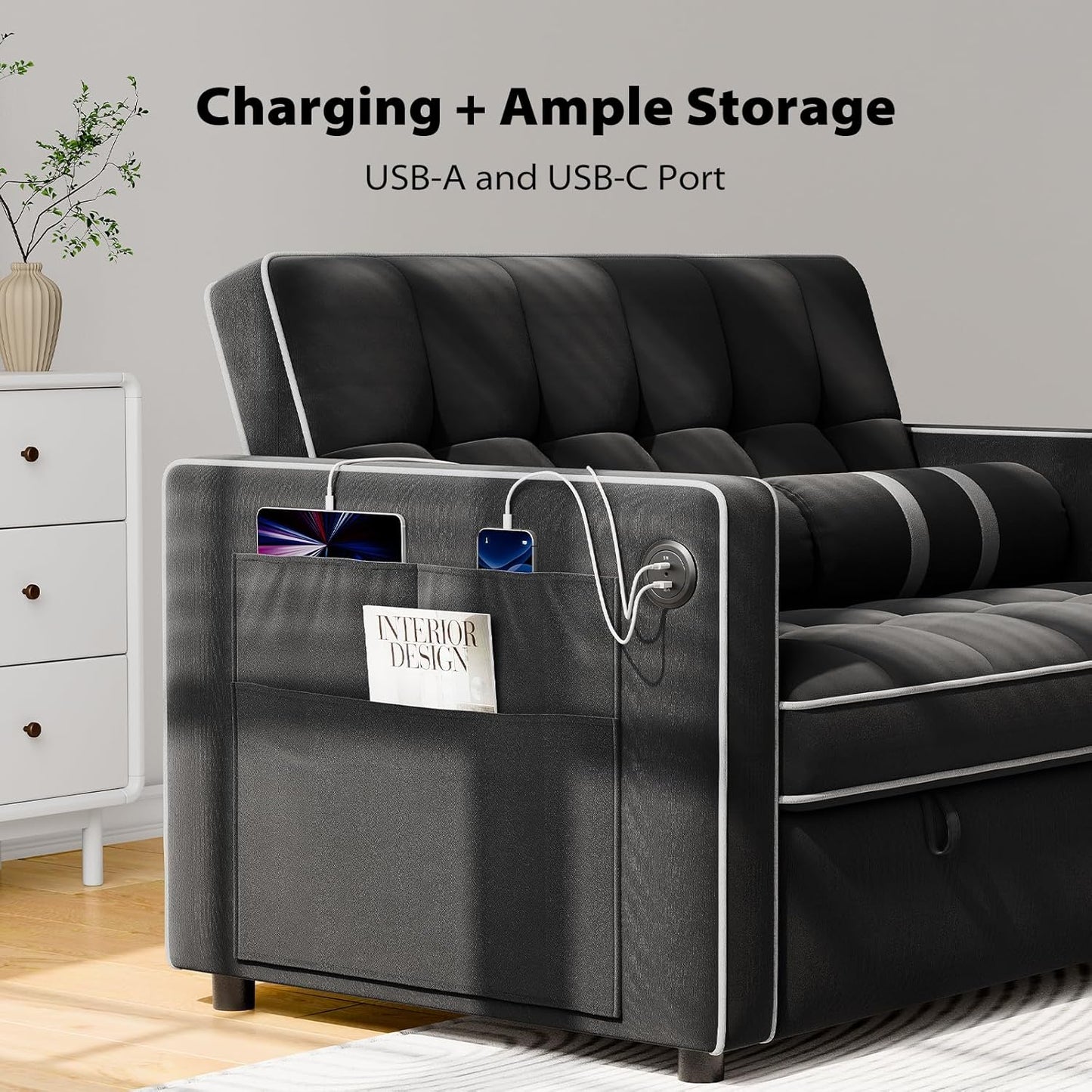 Pipishell 3-in-1 Convertible Sleeper Sofa Bed, Pull Out Couch For Living Room With USB Ports And Side Pockets, Adjustable Backrest, Velvet