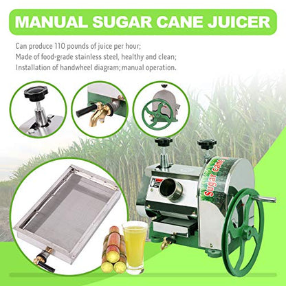 Try Yean Manual Sugarcane Juice Machine, Professional Stainless Steel Sugar Cane Juicer, 110lbs Output Per Hour With 2 In. Large Inlet Extractor