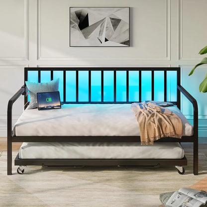 Rolanstar Daybed With Charging Station And LED Lights, Height Adjustable Twin Daybed With Trundle, Metal Sofa Bed Frame With Steel Slat Support