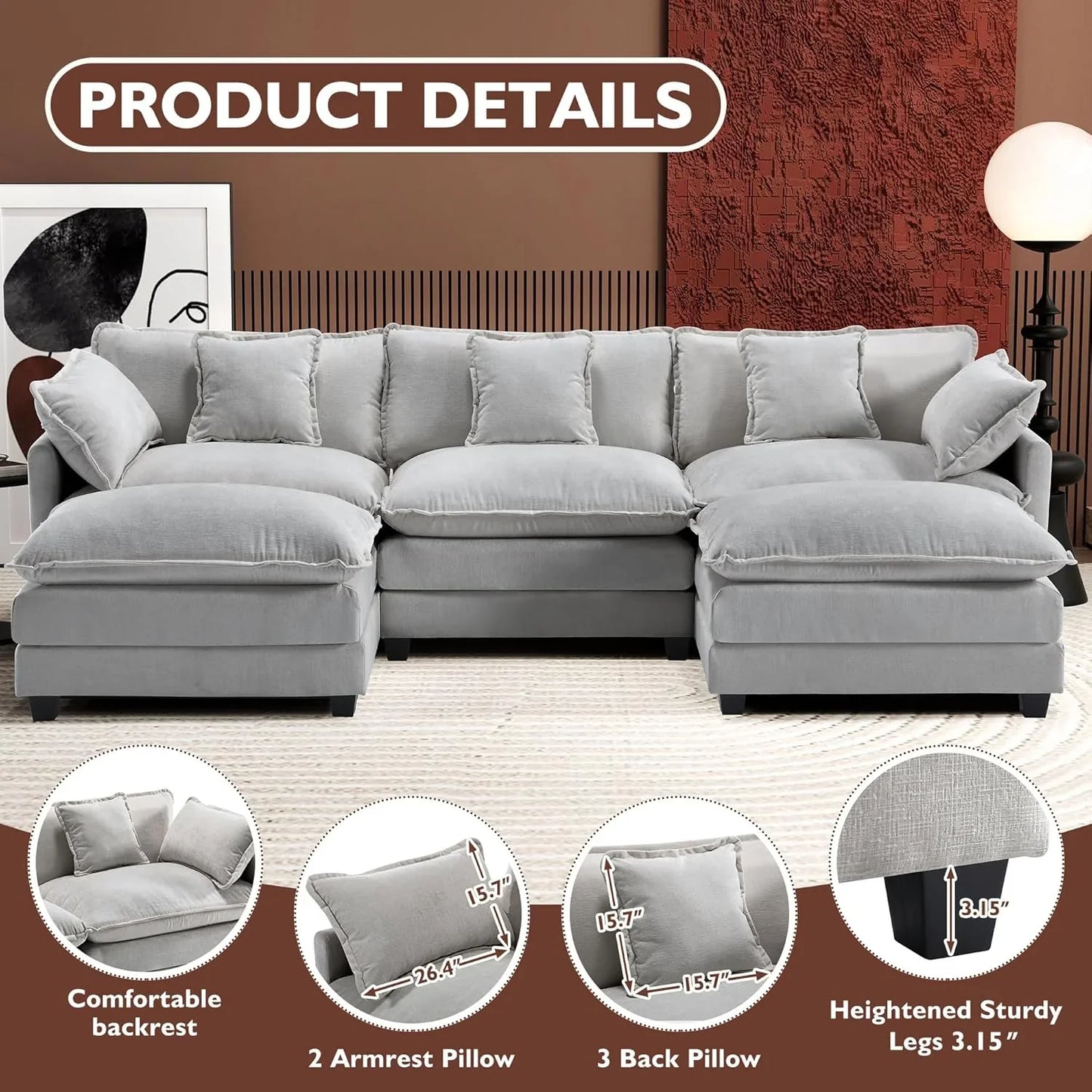 111.4 In. L-Shaped Modern Sofa Modular Cloud Sofa Ottoman 4-Seater Chenille Deep Seat Sofa