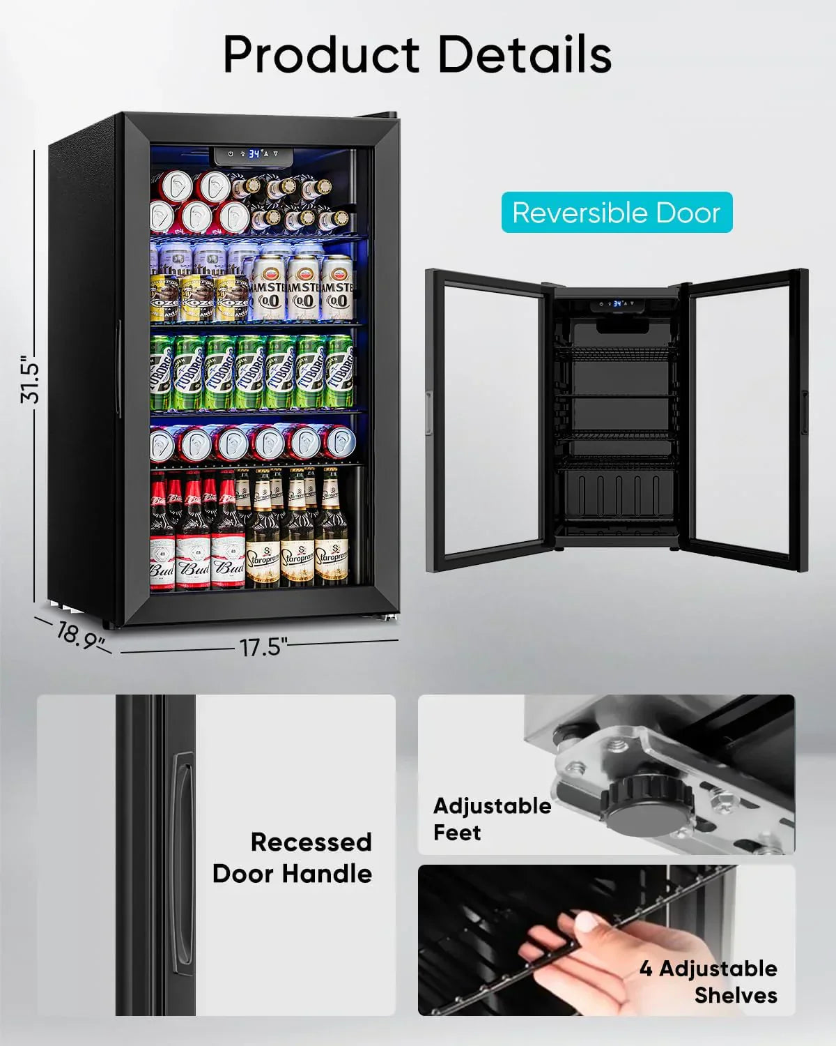 Beverage Refrigerator Cooler 126 Can Mini Fridge Glass Door For Drinks Soda Beer Wine Refrigerator