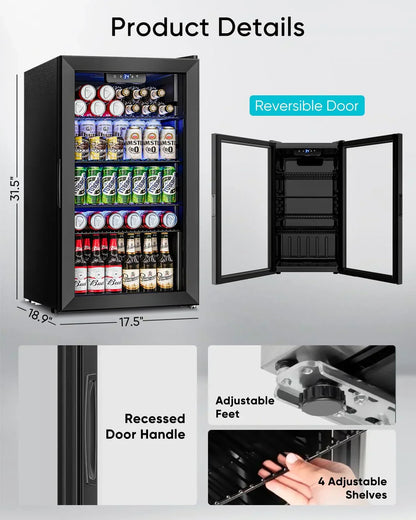 Beverage Refrigerator Cooler 126 Can Mini Fridge Glass Door For Drinks Soda Beer Wine Refrigerator