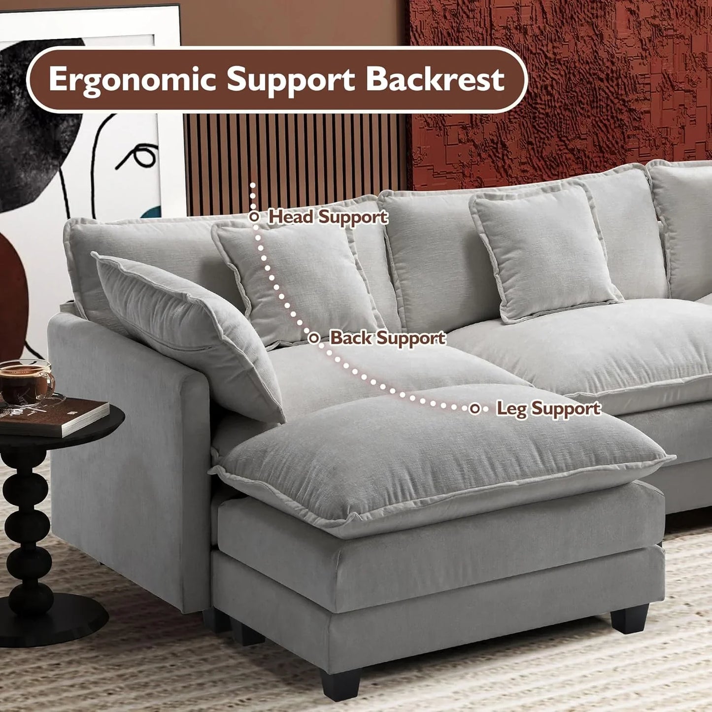 111.4 In. L-Shaped Modern Sofa Modular Cloud Sofa Ottoman 4-Seater Chenille Deep Seat Sofa