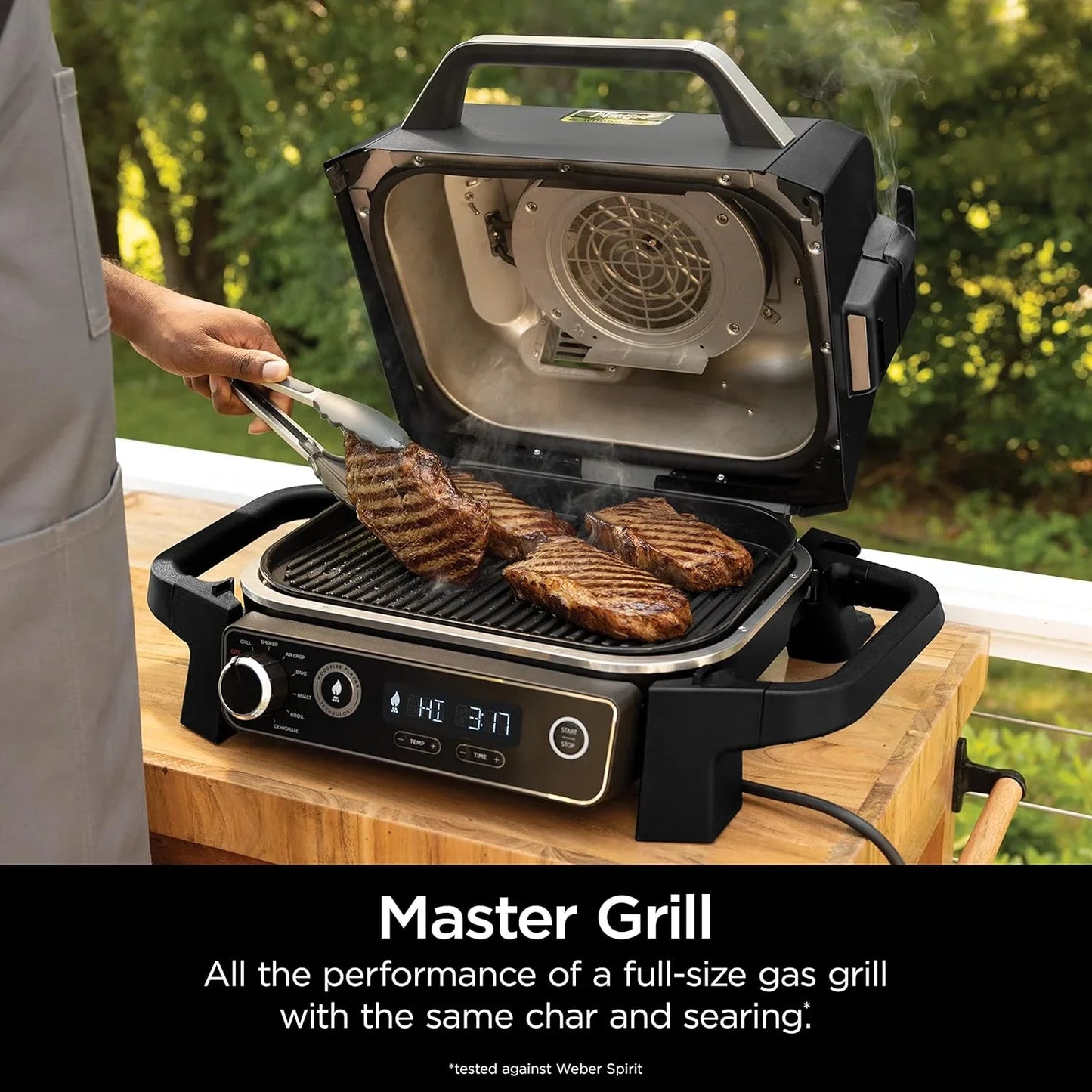 7-in-1 Grill And Smoker With Thermometer, Air Fryer, Bbq, Bake, Roast, Broil- Portable Electric Outdoor Grill, Grey
