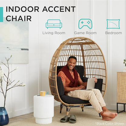 Best Choice Products Wicker Egg Chair Oversized Indoor Outdoor Lounger For Patio Backyard Living Room W/4 Cushions Steel Frame 440lb Capacity- Ivory
