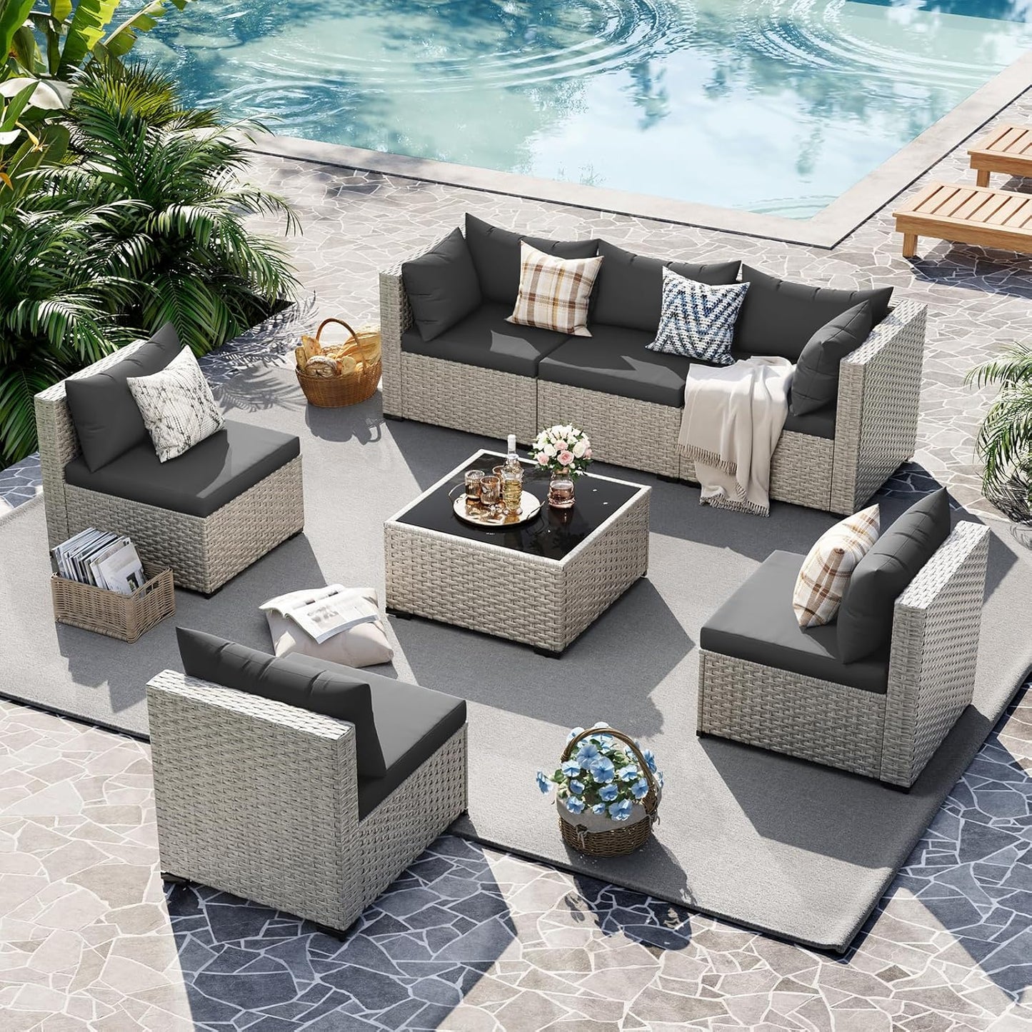 Udpatio Outdoor Patio Furniture Set 7-Piece PE Wicker Sectional Sofa Outdoor Conversation Set