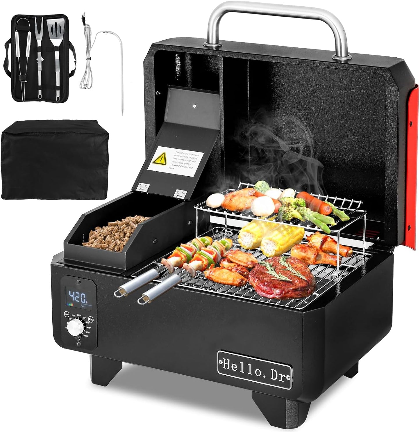 Portable Wood Pellet Grill And Smoker, Electric Outdoor 8-in-1 Tabletop Grills For RV Camping Tailgating RV Cooking Bbq