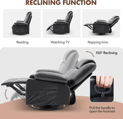 Oversized Swivel Rocker Recliner Chair With Heat And Massage, 360 Degree Swivel Rocking Single Sofa With Cup Holders And USB Port