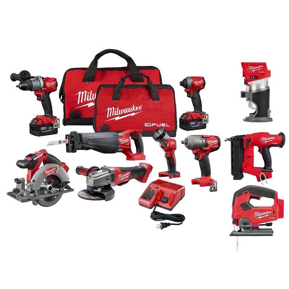 Milwaukee M18 Fuel 18-Volt Lithium-Ion Brushless Cordless Combo Kit, 10-Tool With 2 5.0 Ah Batteries, 1 Charger, 2 Tool Bags