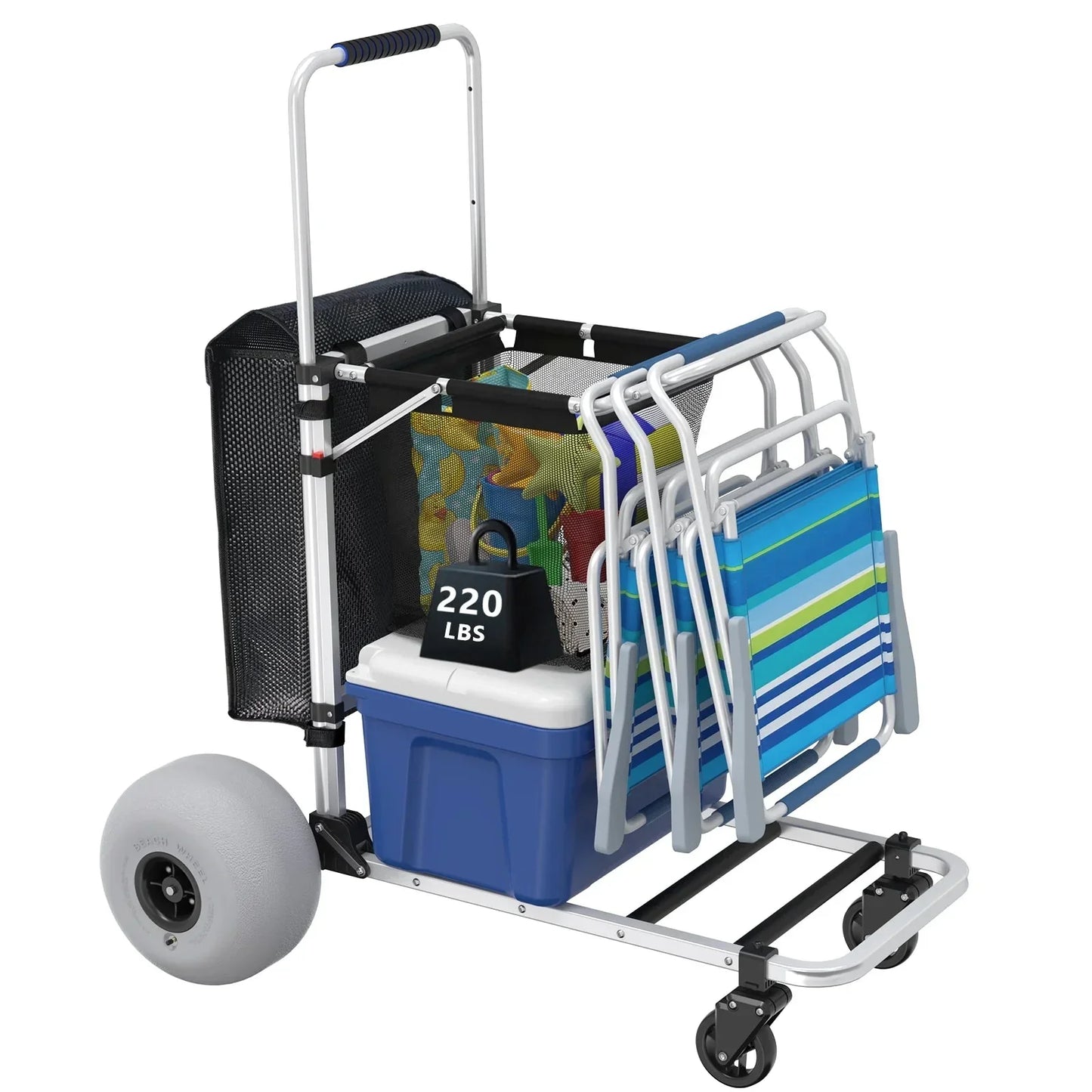 Foldable Beach Cart With Adjustable Handle And 12 In. Balloon Wheels, Heavy Duty Aluminum 220lbs Capacity