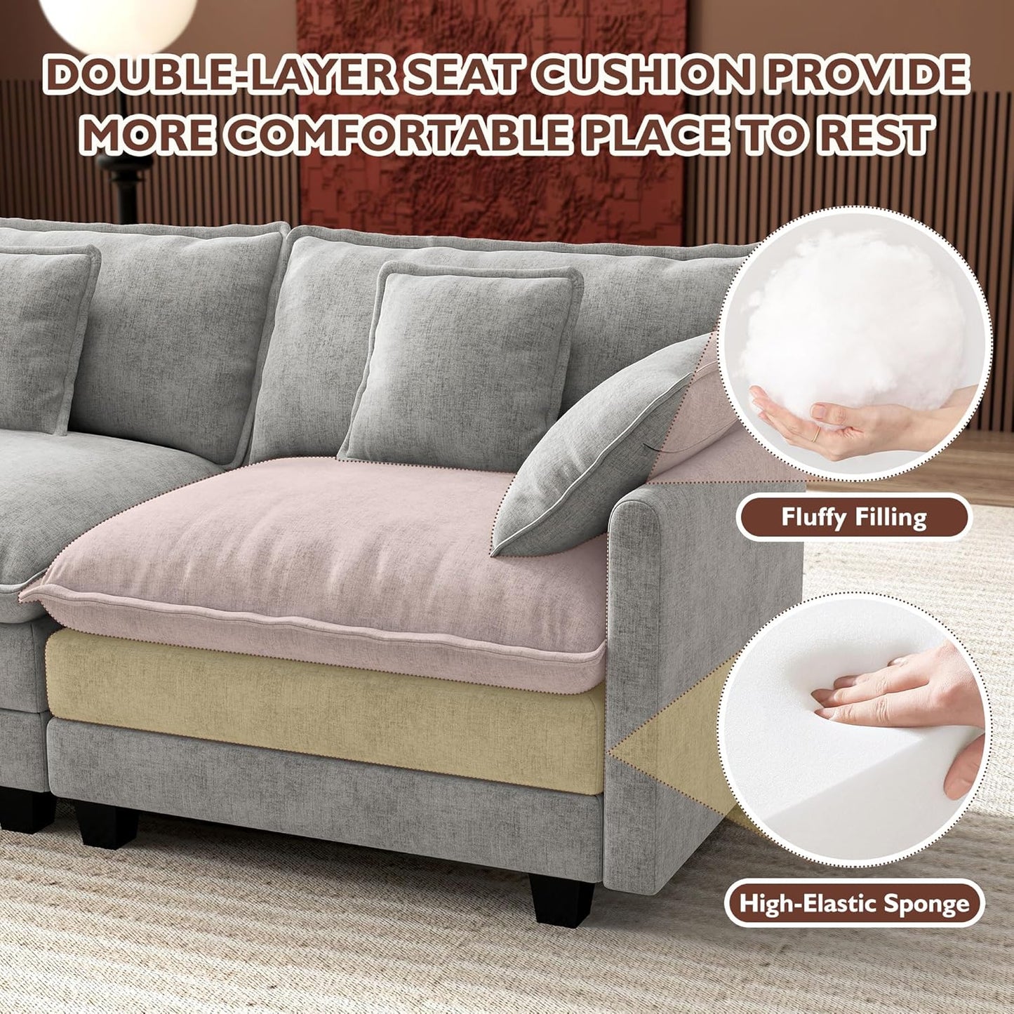 Ihanherry 146 In. U-Shaped Modern Sofa Modular Sectional Cloud Couch With 2 Ottoman