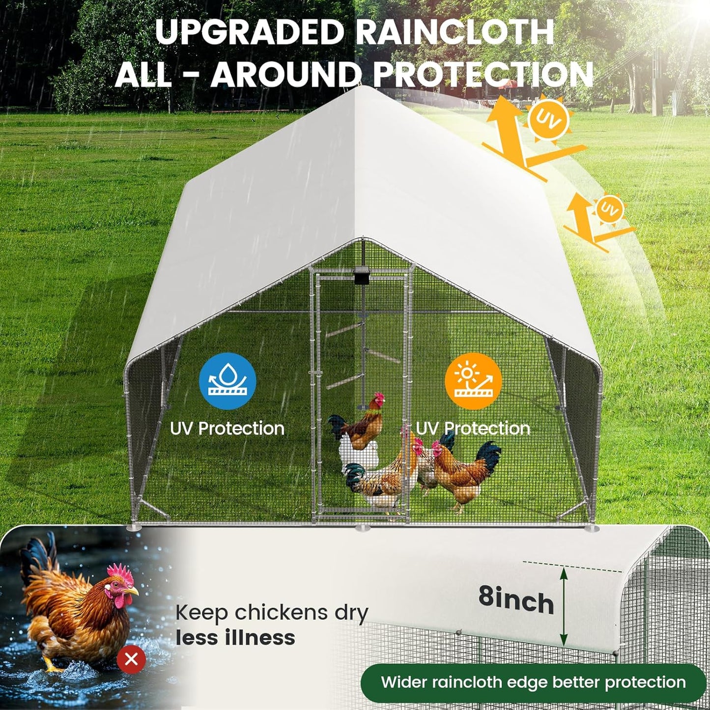 Large Walk-In Metal Chicken Coop With Run, Solar Light, UV Cover