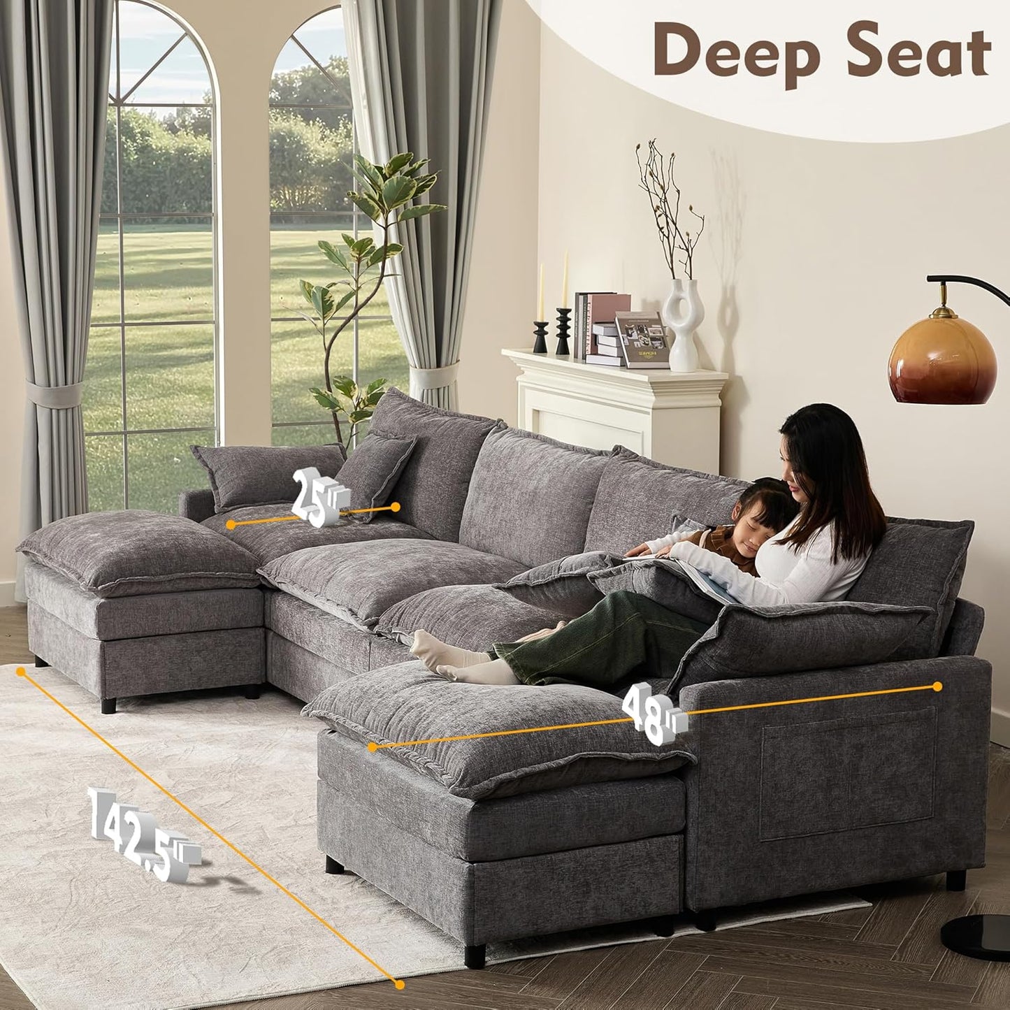 108 In. U Shape Sofa Sectional Sofa Comfortable Cloud Sofa With Removable Footstool