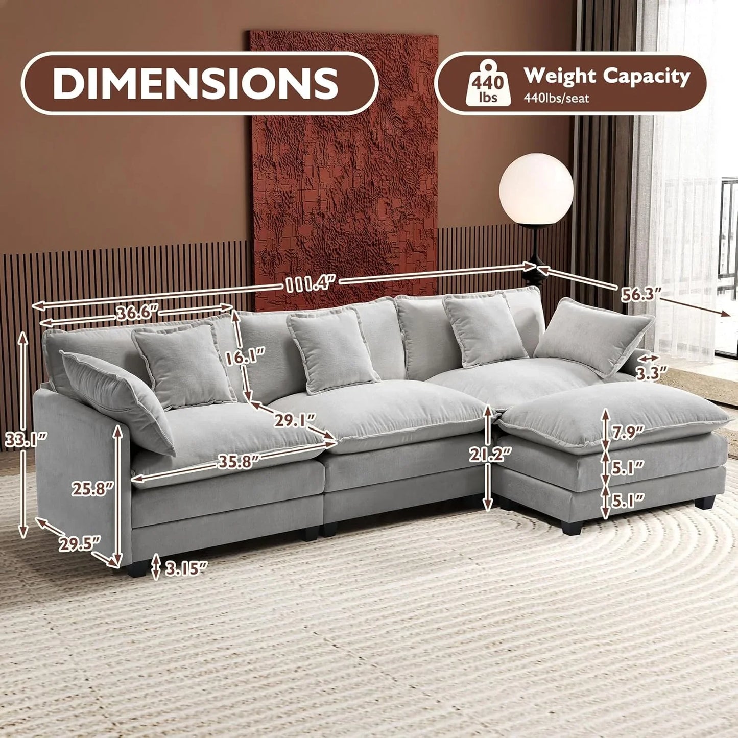 111.4 In. L-Shaped Modern Sofa Modular Cloud Sofa Ottoman 4-Seater Chenille Deep Seat Sofa