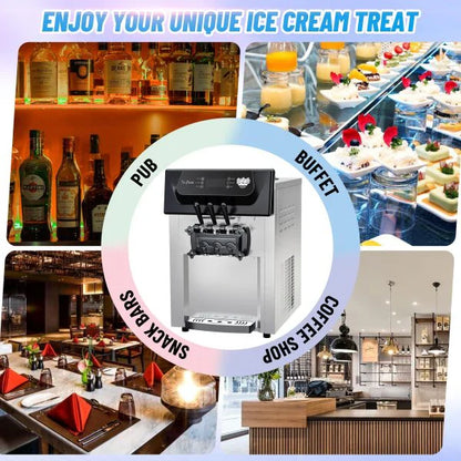 2200W Commercial Ice Cream Machine, 3 Flavor Soft Serve Ice Cream Machine, 5.3-7.4 Gal/Hr, With LCD Touch Screen, Automatic Cleaning