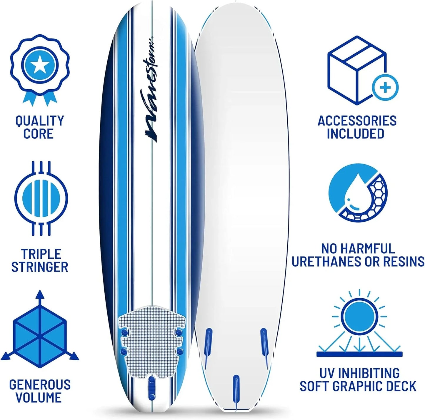 Wavestorm- Classic Soft Top Foam 7 Ft. Surfboard Surfboard For Beginners And All Surfing Levels Complete Set Includes Leash And Multiple Fins