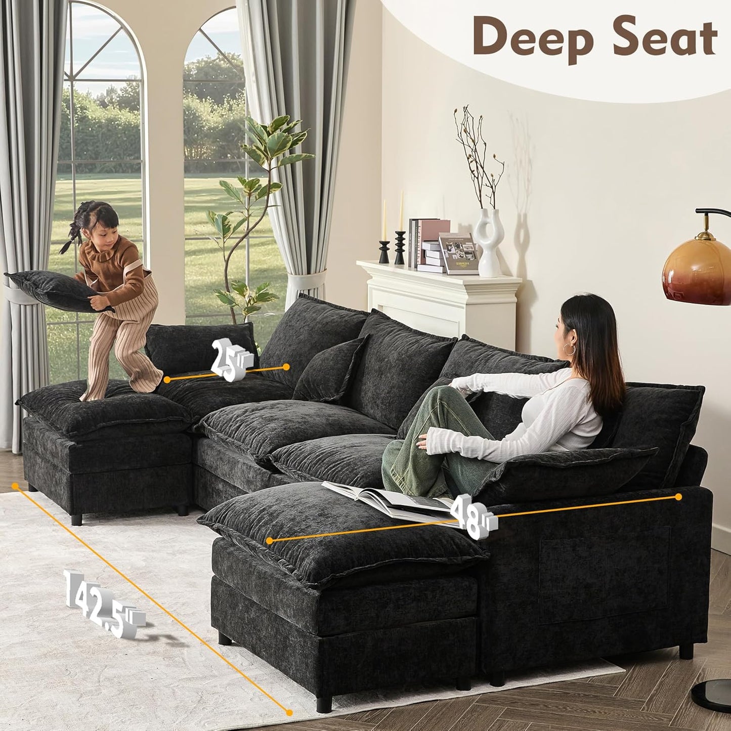 108 In. U Shape Sofa Sectional Sofa Comfortable Cloud Sofa With Removable Footstool
