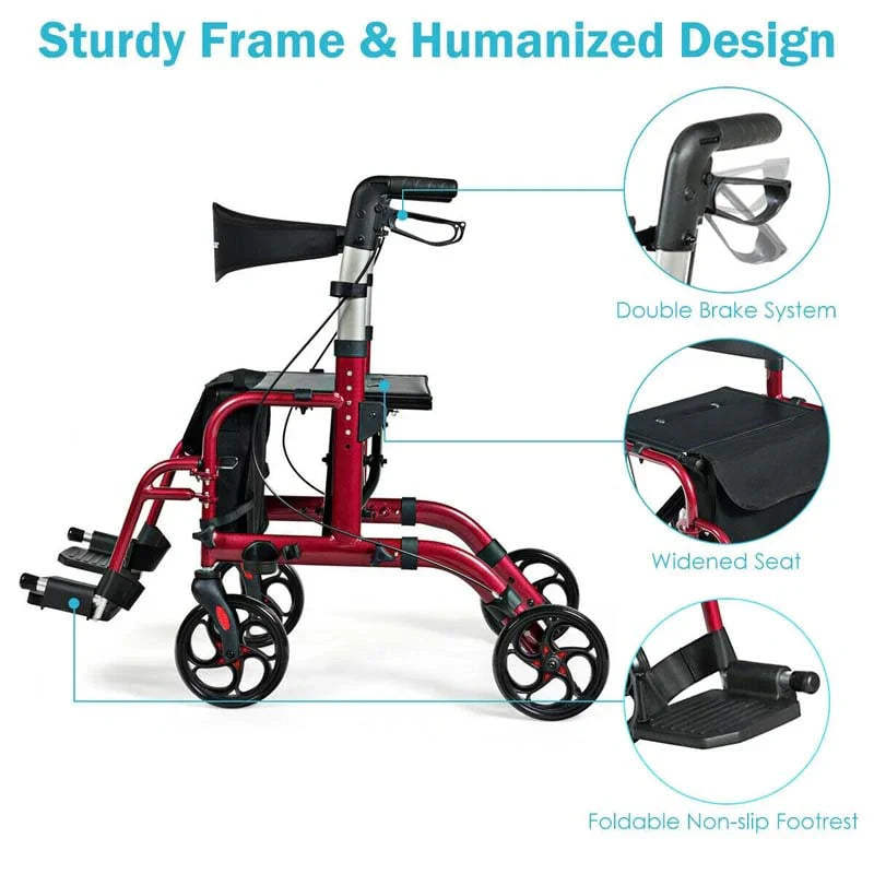2-in-1 Rollator Walker Wheelchair Folding Medical Walker Aluminum Transport Chair Mobility Walking Aid- Comfortable And Ergonomic Design
