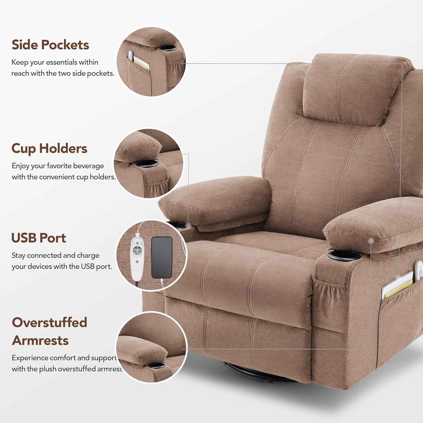 Oversized Swivel Rocker Recliner Chair With Heat And Massage, 360 Degree Swivel Rocking Single Sofa With Cup Holders And USB Port
