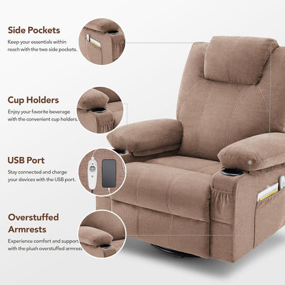 Oversized Swivel Rocker Recliner Chair With Heat And Massage, 360 Degree Swivel Rocking Single Sofa With Cup Holders And USB Port