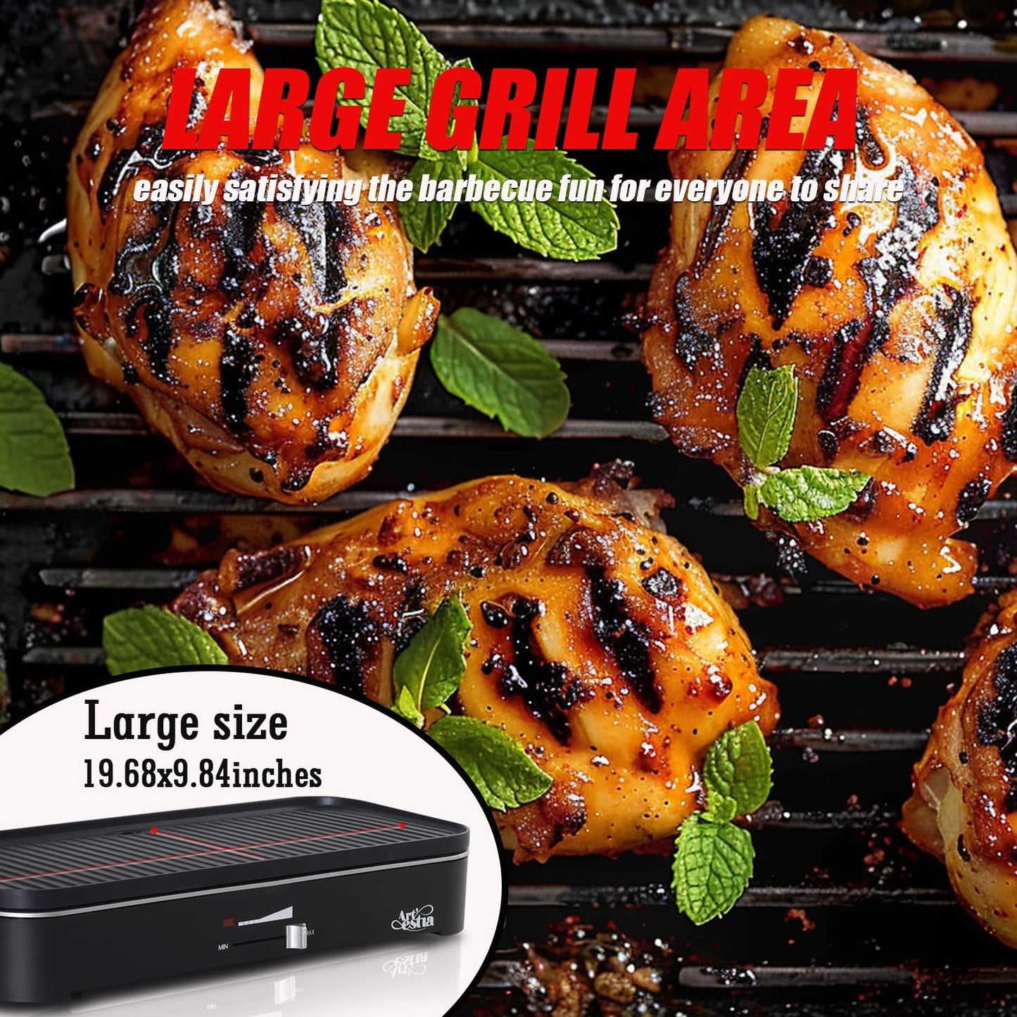 Artestia 1800W Electric Outdoor Grills With Lid Indoor Smokeless Grill For Balcony With Temperature Control Portable Removable Stand Grill For